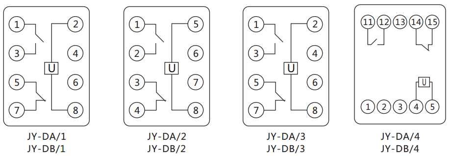 JY-DB/4集成电路直流电压继电器内部接线图及外引接线图（正视图）