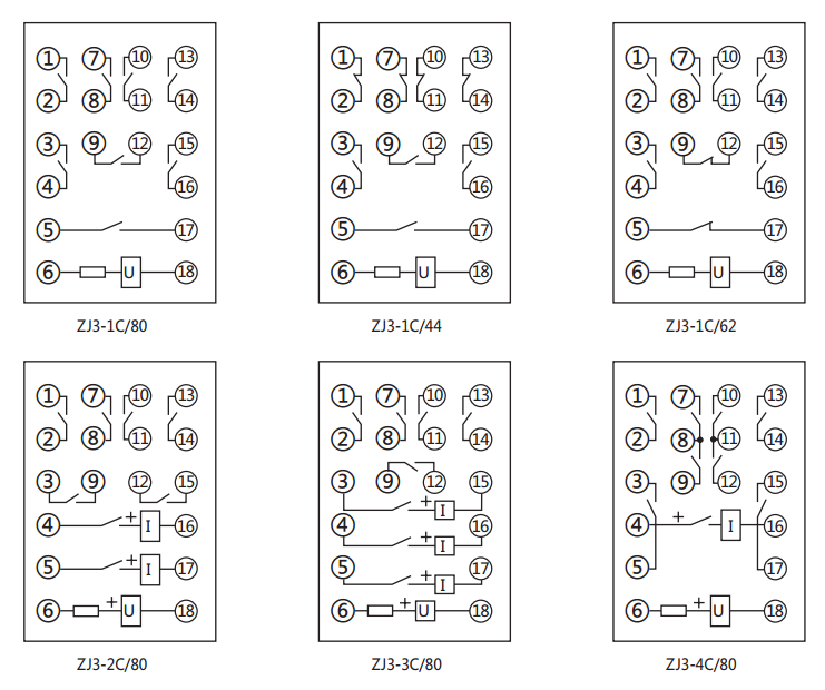 ZJ3-1C/80快速中间继电器内部接线图及外引接线图(正视图)