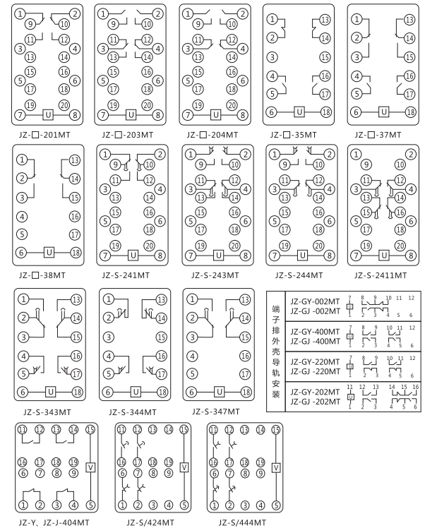 JZ-Y-201MT跳位、合位、电源监视中间继电器内部接线图