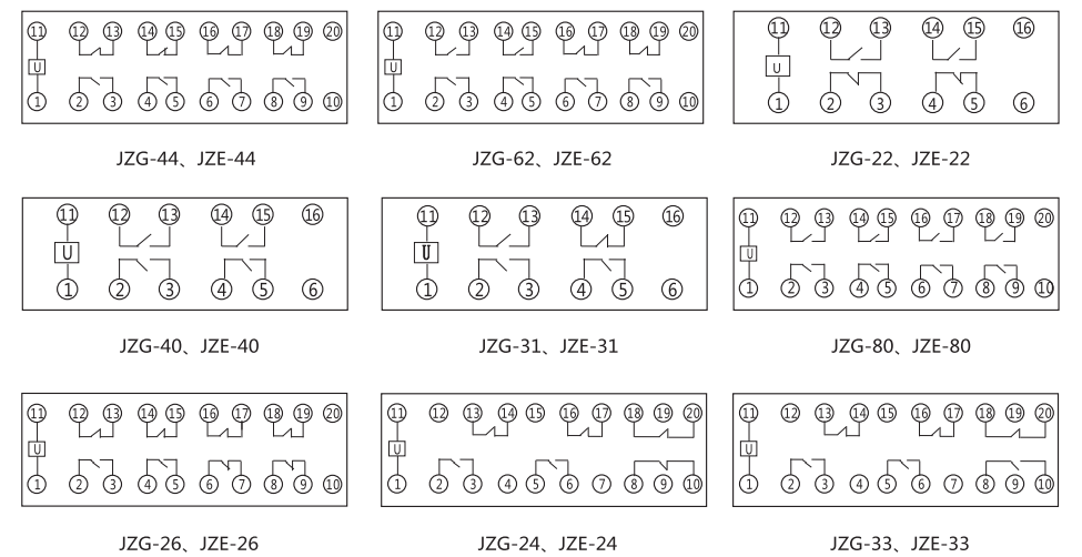 JZG-44卡轨式静态中间继电器内部端子外引接线图