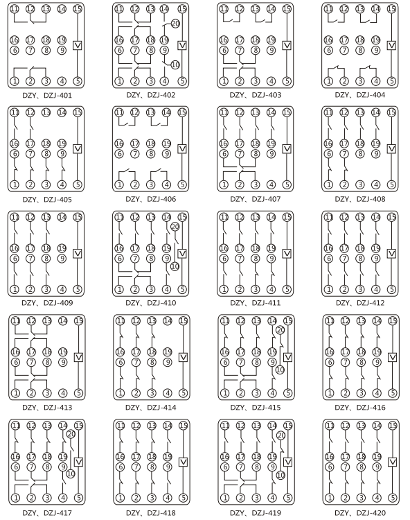 DZY（J)-422导轨式中间继电器内部端子外引接线图(正视)