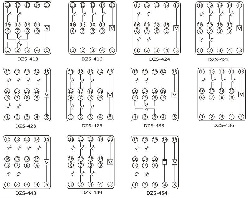 DZS-433中间继电器内部端子外引接线图(正视)
