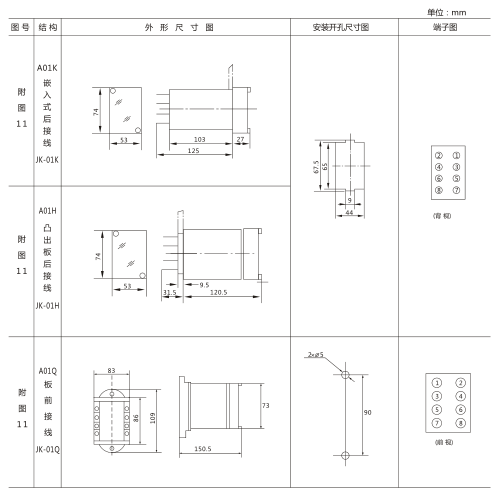 JX-11静态信号继电器外形及开孔尺寸图3