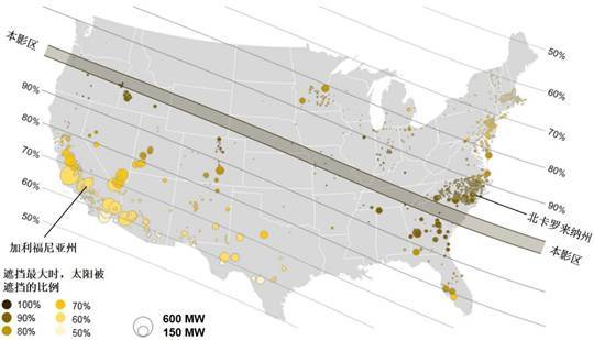 美国大型光伏电站分布以及日光遮挡比例图